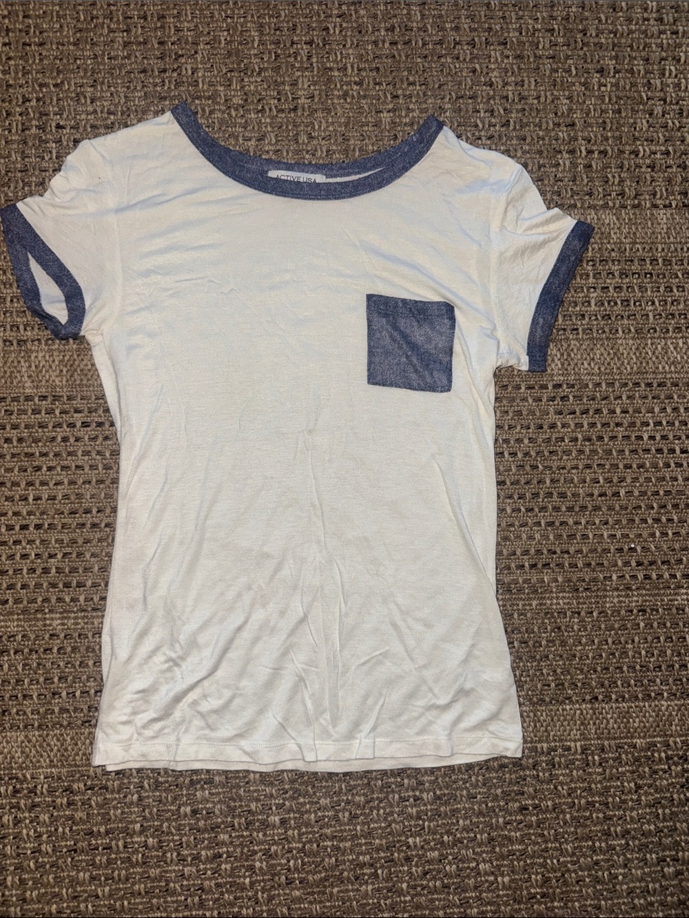 Active USA White Ringer Tee with Blue Denim Print Trim and Pocket